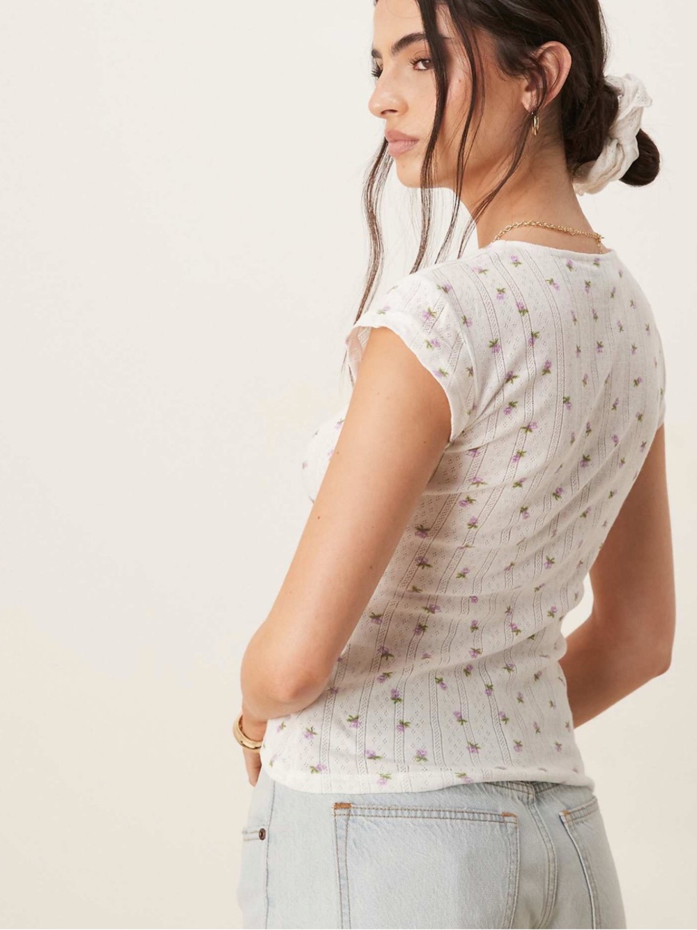 NWT Vila Floral Pointelle Knit Top Size Large Cottagecore Milkmaid Baby Tee - Picture 2 of 7
